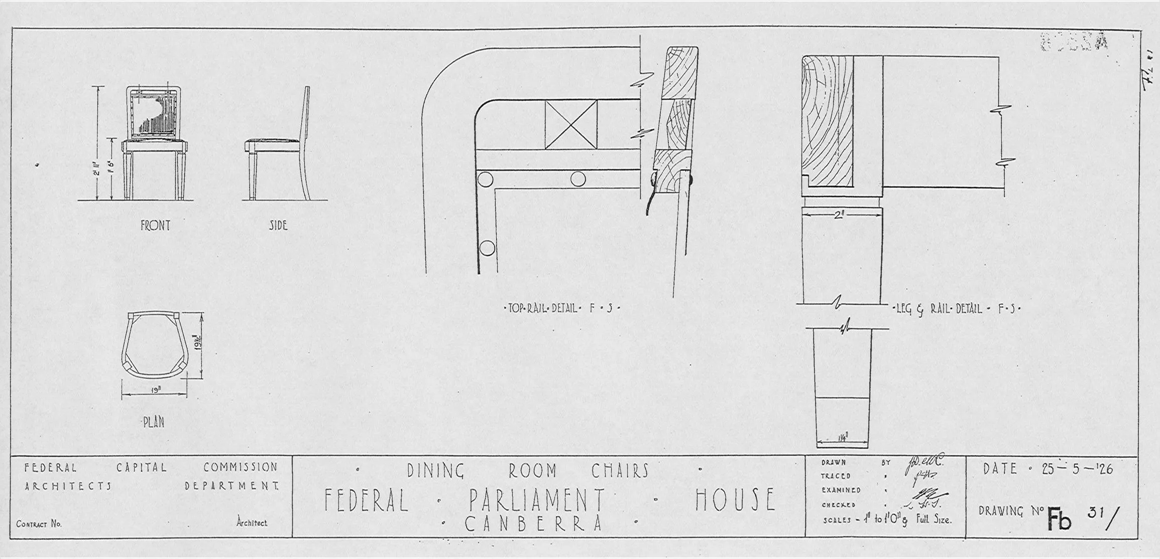 This technical drawing for the dining room chairs shows three views of the chairs – front, side and top – with the measurements shown in imperial measurements (ie, feet and inches). The plan also provides the details of the top rail and a chair leg. The subject matter of the drawing, the source and the drawing number, scale and processing are noted along the base of the plan. This technical drawing for the dining room chairs shows three views of the chairs – front, side and top – with the measurements shown in imperial measurements (ie, feet and inches). The plan also provides the details of the top rail and a chair leg. The subject matter of the drawing, the source and the drawing number, scale and processing are noted along the base of the plan.