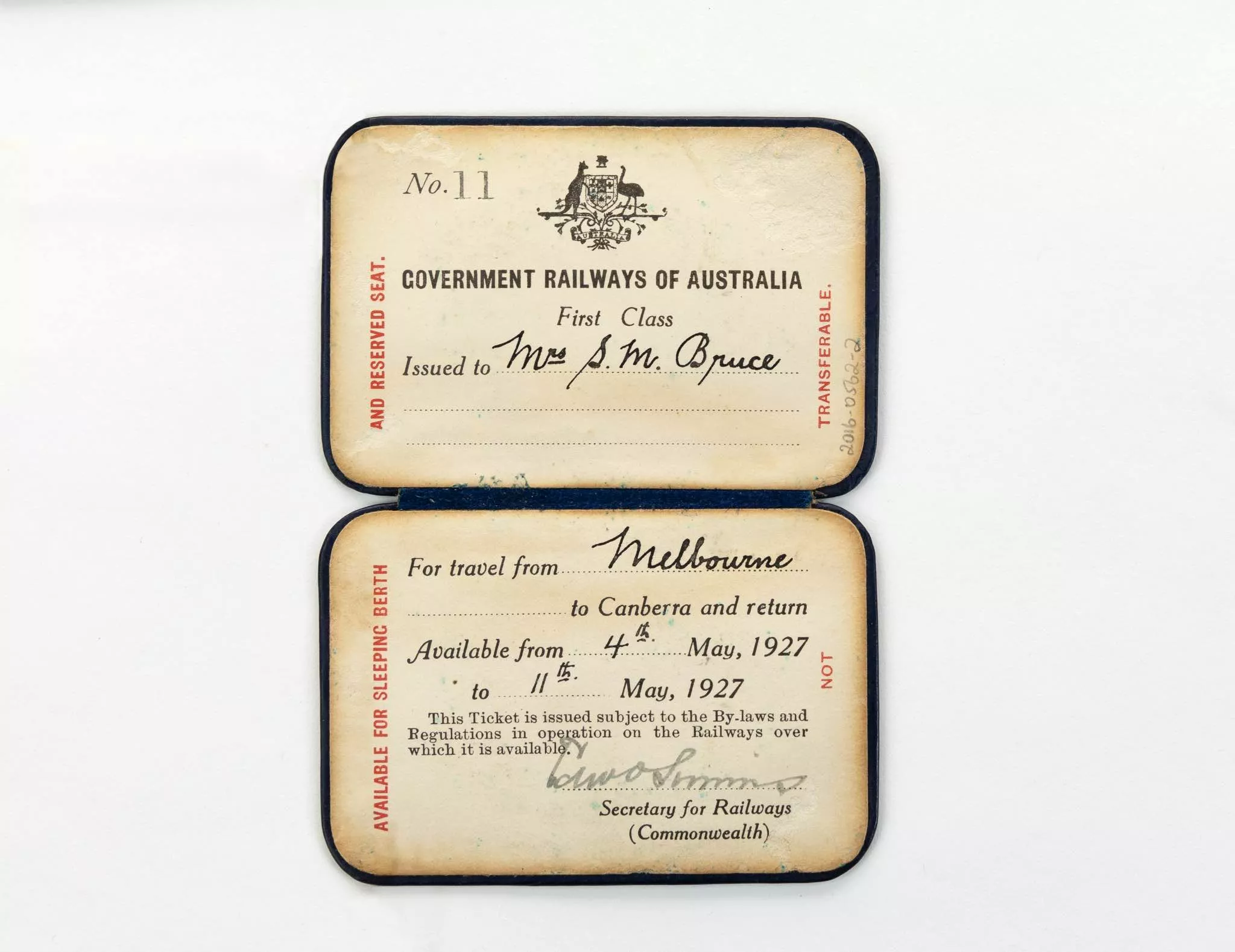 An old paper rail pass with the words Government Railways of Australia, First Class, Issued to Mrs S.M. Bruce for travel from Melbourne to Canberra and return Available 4th May,1927 to 11th May, 1927. An old paper rail pass with the words Government Railways of Australia, First Class, Issued to Mrs S.M. Bruce for travel from Melbourne to Canberra and return Available 4th May,1927 to 11th May, 1927.