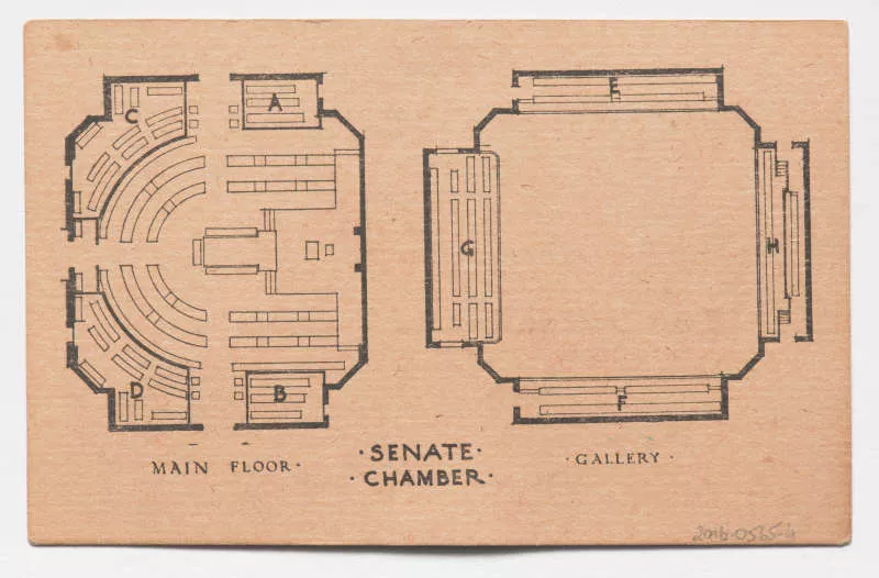 Photograph of an orange ticket displaying an overlay of the Senate Chamber and its galleries. Photograph of an orange ticket displaying an overlay of the Senate Chamber and its galleries.